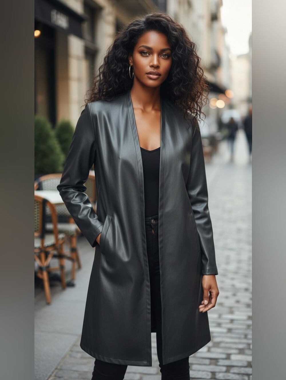 Larry Levine Black Faux Leather Long Duster Cardigan Jacket Women's M